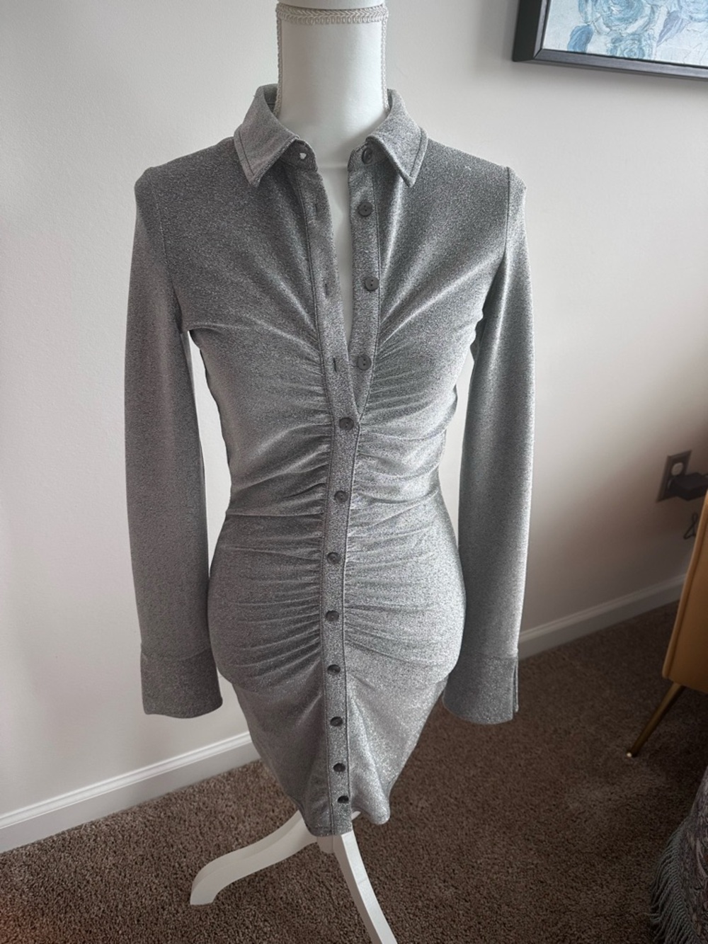 Silver Ruched Button-Front Women’s Dress